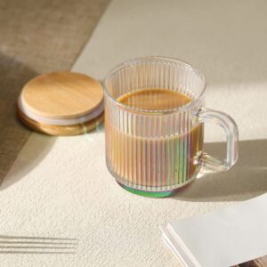 Joeyan Iridescent Glass Coffee Mugs Set of 2-11.5 oz Striped Coffee cups with Lid - Large Drinking Glasses with Handle for Latte, Coffee, Tea, Milk, Juice