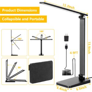 LED Desk Lamp for Home Office, 3 Levels Dimmable Desk Light with USB Charging Port, Small Study Lamp, Reading Light for Table, Black, 5000K