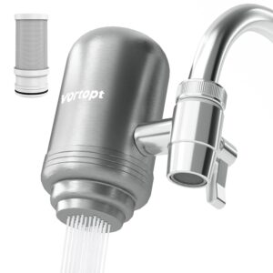 vortopt faucet water filter for sink - 400g water purifier, mount tap water filtration system for kitchen, bathroom, reduces lead, chlorine, bad taste, t1 (stainless faucet filter with 1 filters)