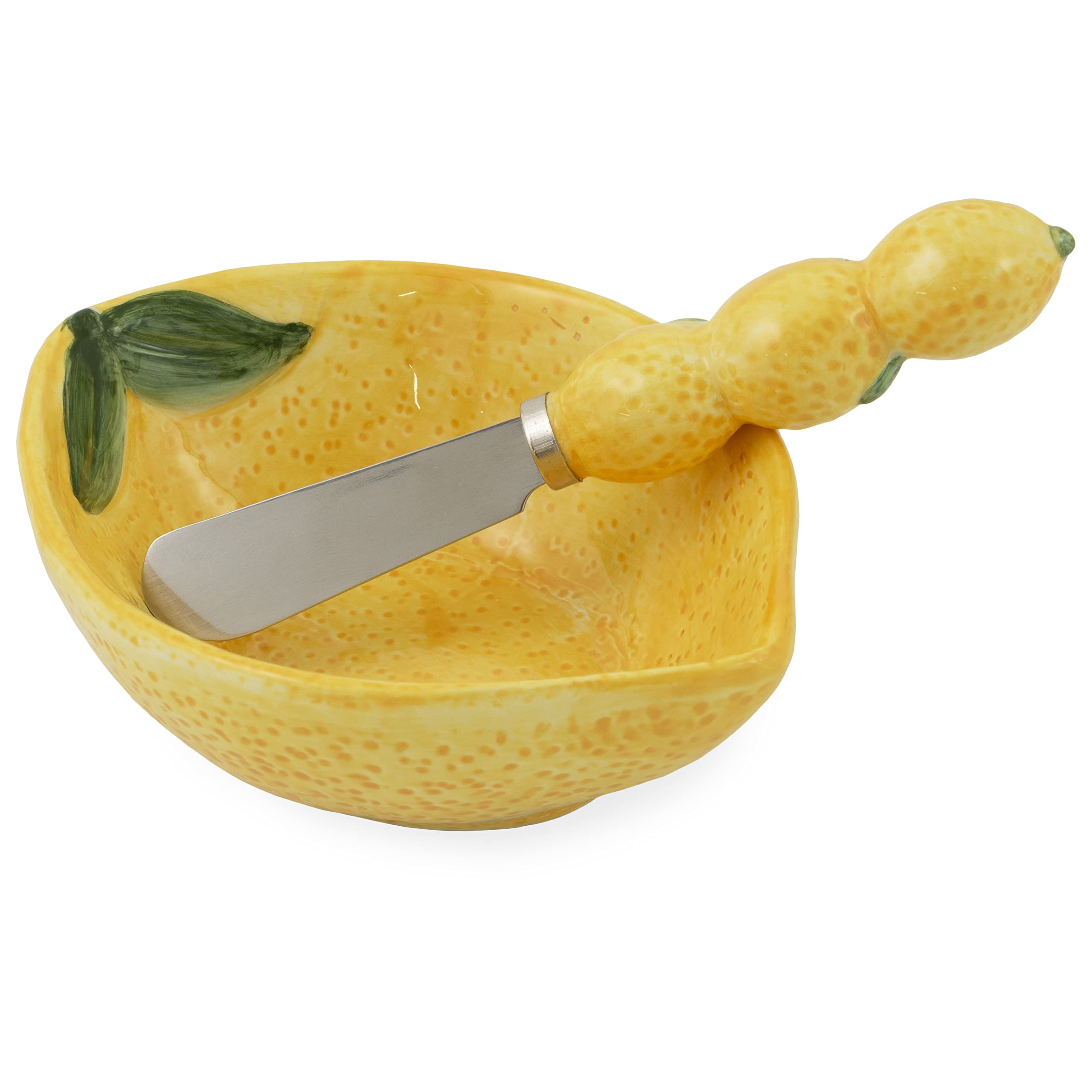 Boston International Ceramic Bowl and Stainless Steel Spreader, 5 x 3.75-Inches, Painterly Lemons