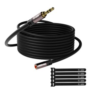 3.5mm extension cable 50 feet, long male to female auxiliary audio stereo cable, headphone extension cord, hi-fi sound, gold plated connectors, ofc core, black cable (with 5 pcs cable ties) - 50ft