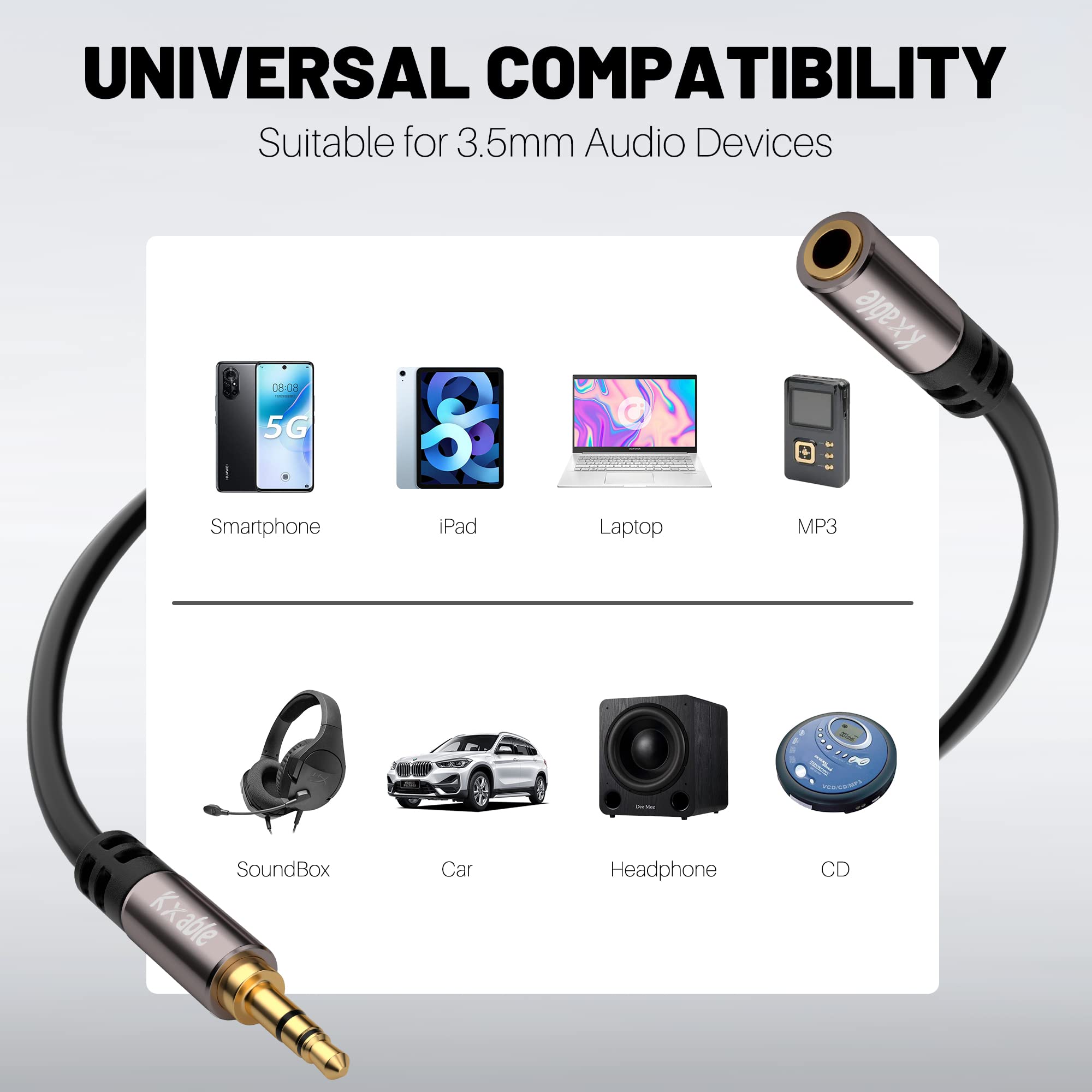 3.5mm Extension Cable 50 Feet, Long Male to Female Auxiliary Audio Stereo Cable, Headphone Extension Cord, Hi-Fi Sound, Gold Plated Connectors, OFC Core, Black Cable (with 5 pcs Cable Ties) - 50ft