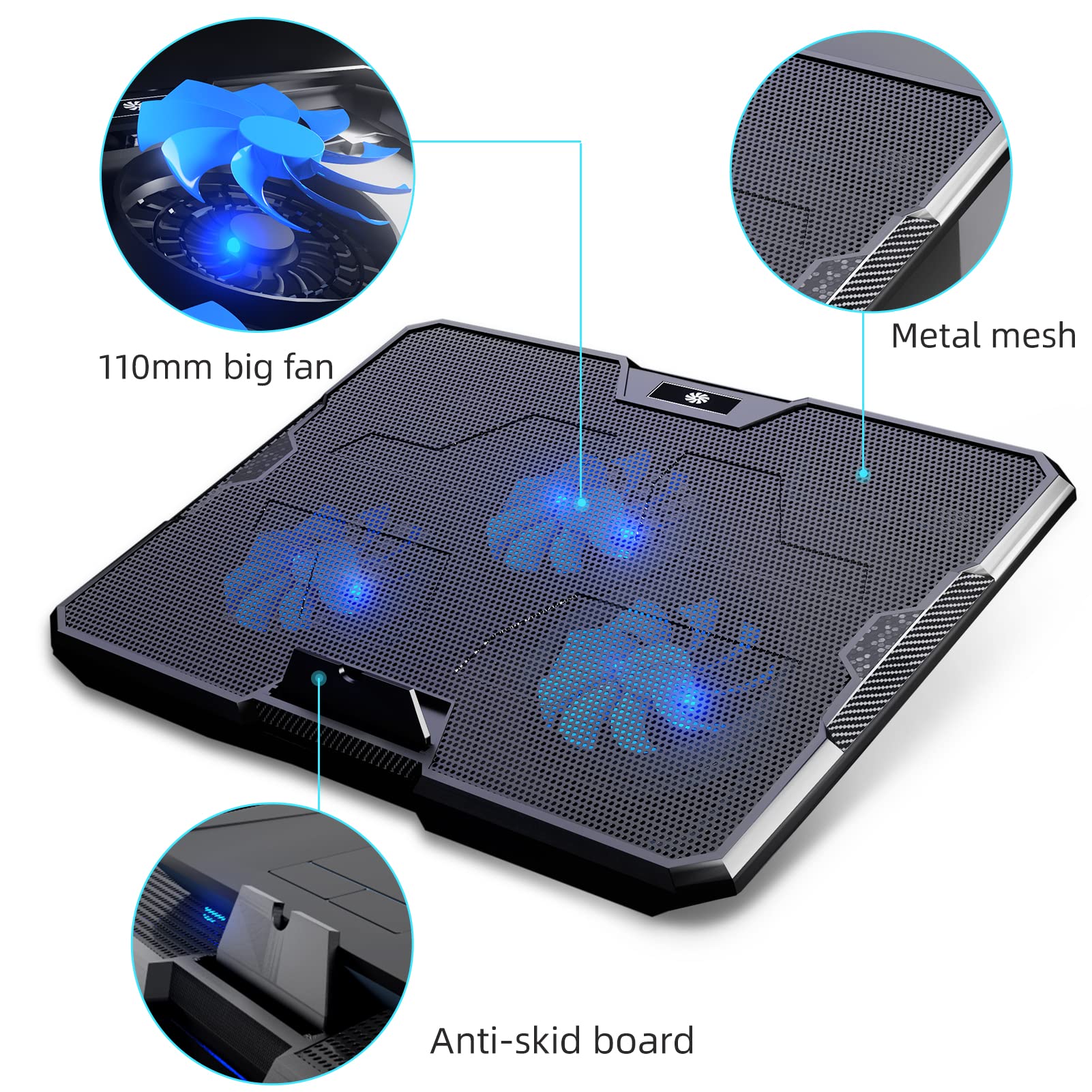 IMMOENUC Laptop Cooling Pad for Notebook Computers Under 17 Inches/Metal Gaming Notebook Radiator Bracket / 3 Silent Cooling Turbo Fans / 2 Adjustable Angles / 2 USB Ports/Blue LED Light (S3)