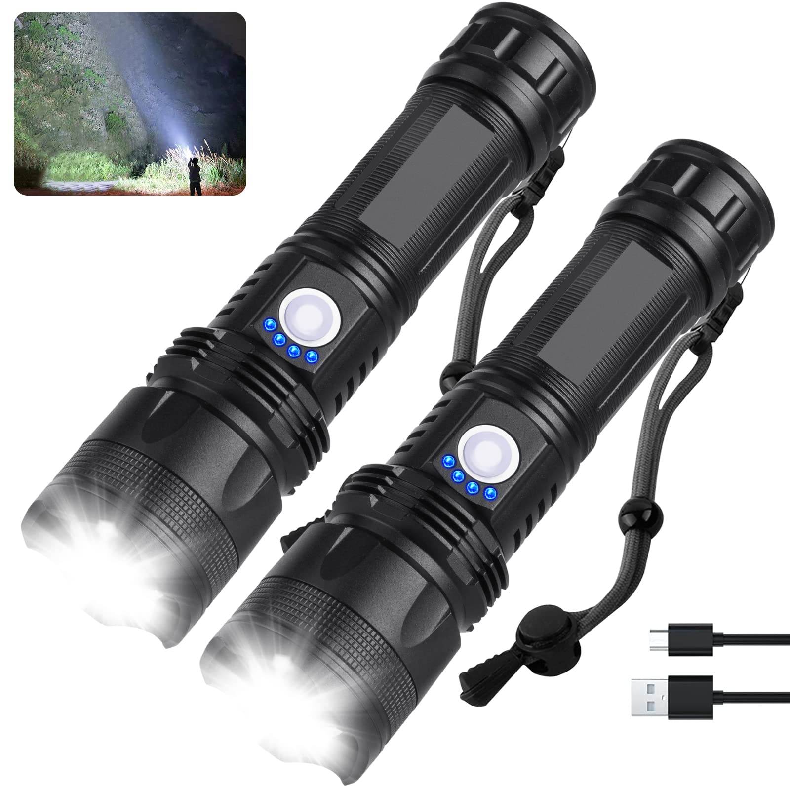 MILAOSHU Rechargeable Flashlights 900,000 High Lumens - 2 Pack, Super Bright LED Flash Light with 5 Modes, 12 Hour Brightest Waterproof Handheld Flashlight for Home, Camping