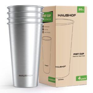 haushof pint cup, 20 oz stainless steel cups, stackable metal drinking cups, stacking beer pint cups for home, party, camping, outdoor, unbreakable, 4 pack