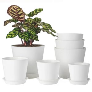 ladovita 7 pack plastic plant pots indoor, 7/6.5/6/5.5/5/4.5/4 inch modern planters for plants, flower pots with drainage holes and trays, white