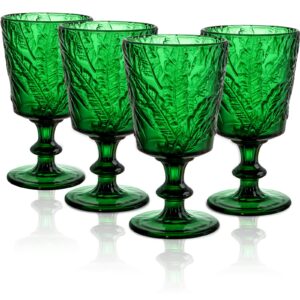 soujoy set of 4 colored wine glass goblet, 12oz handmade pressed stemmed water cup, green vintage tropical palm pattern embossed drinkware for party, wedding