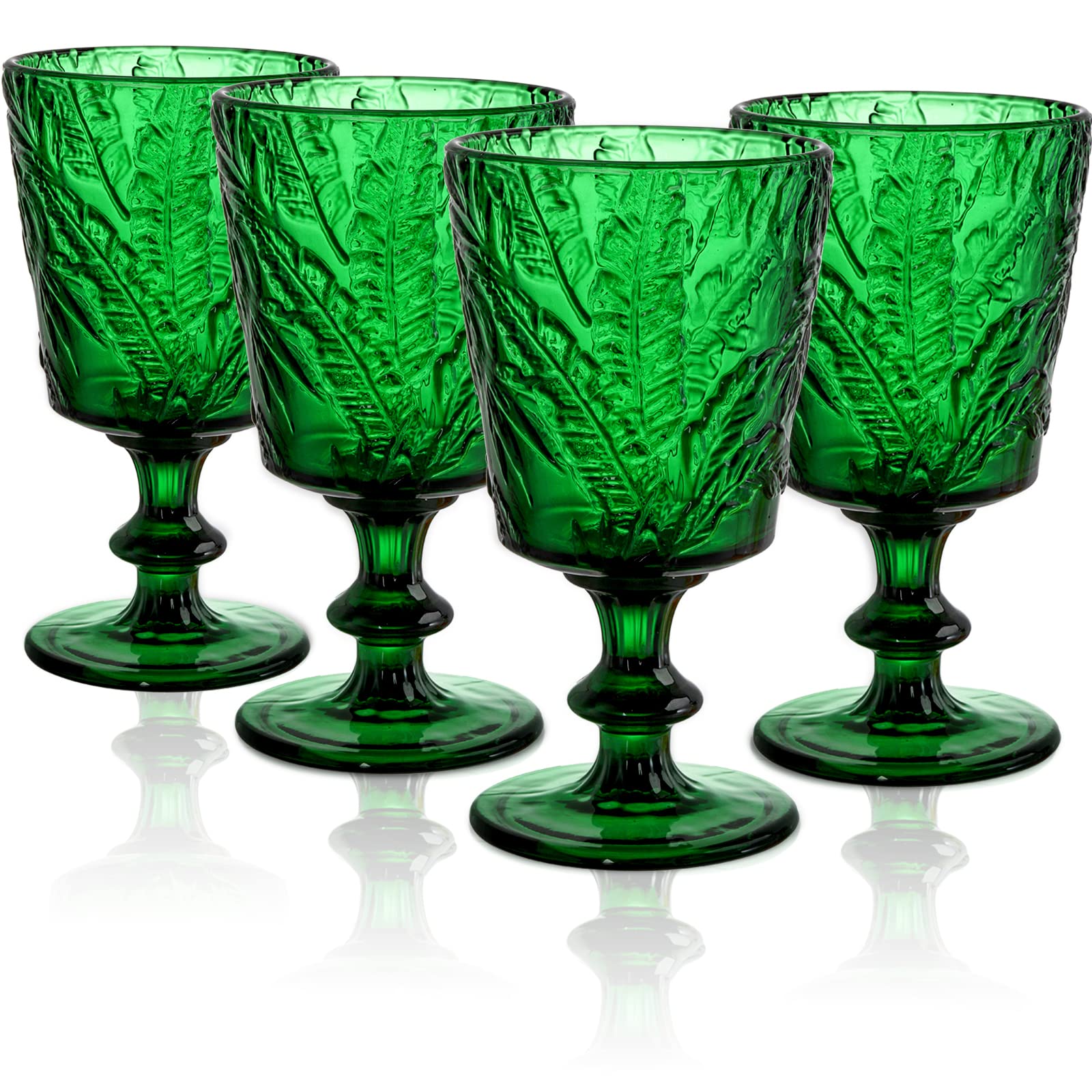 SOUJOY Set of 4 Colored Wine Glass Goblet, 12oz Handmade Pressed Stemmed Water Cup, Green Vintage Tropical Palm Pattern Embossed Drinkware for Party, Wedding