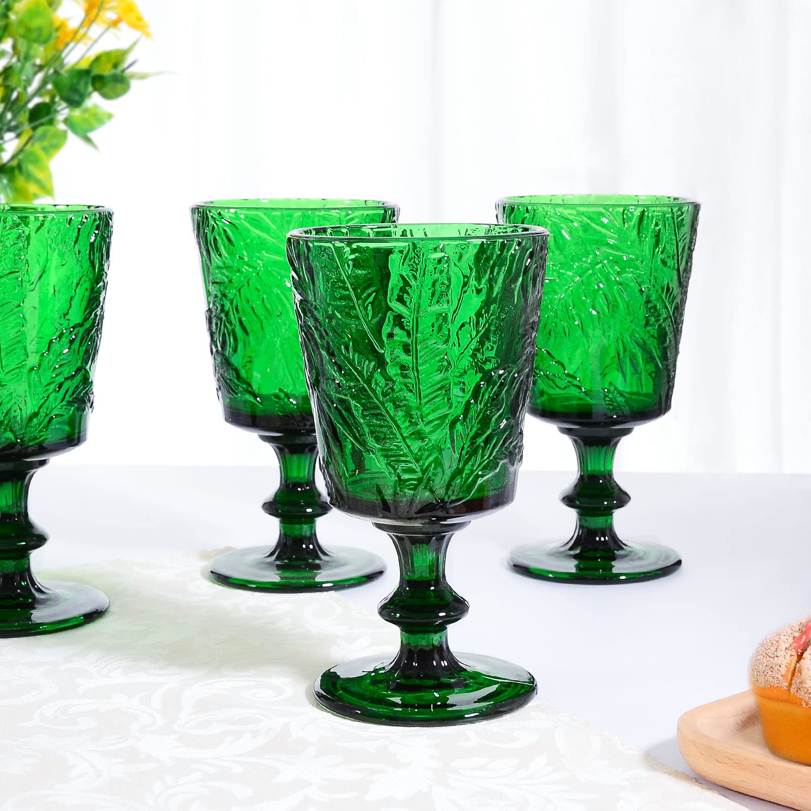 SOUJOY Set of 4 Colored Wine Glass Goblet, 12oz Handmade Pressed Stemmed Water Cup, Green Vintage Tropical Palm Pattern Embossed Drinkware for Party, Wedding