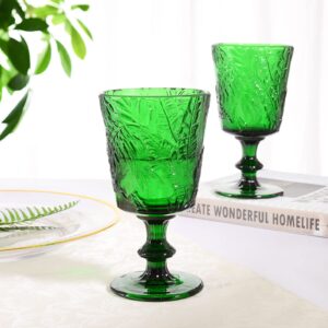 SOUJOY Set of 4 Colored Wine Glass Goblet, 12oz Handmade Pressed Stemmed Water Cup, Green Vintage Tropical Palm Pattern Embossed Drinkware for Party, Wedding