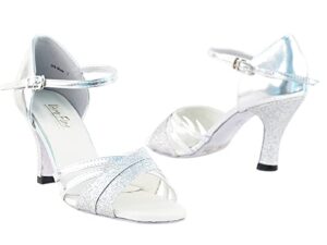 very fine dancesport shoes - women's latin, rhythm, salsa ballroom dance shoes - 6030-2.5 inch heel & heel protectors (silver stardust & silver leather, size 8.5)