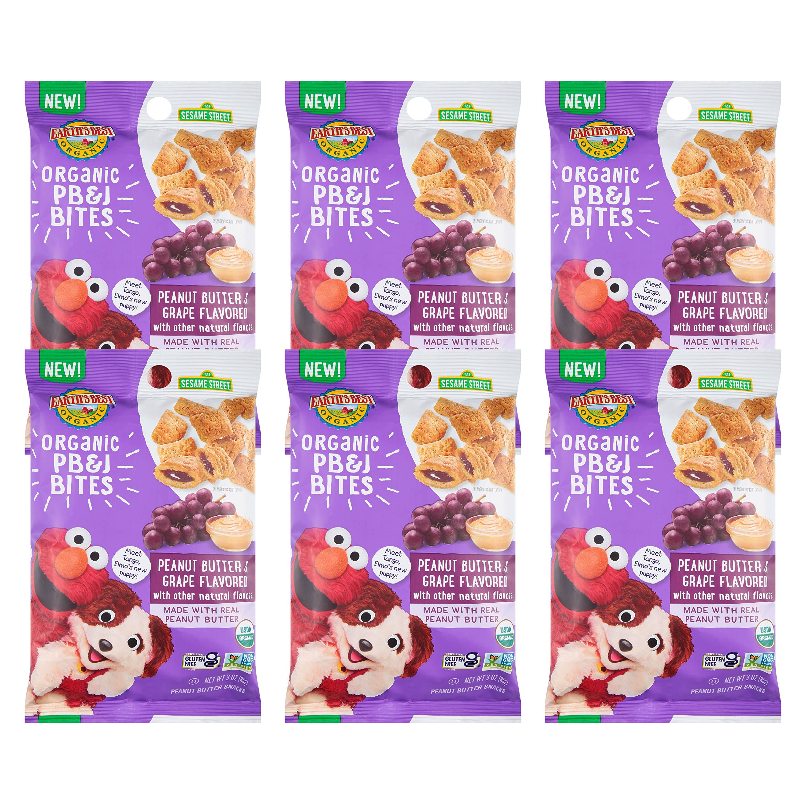 Earth's Best Organic Kids Snacks, Sesame Street Toddler Snacks, Organic PB&J Bites for Toddlers 2 Years and Older, Peanut Butter and Grape Flavored with Other Natural Flavors, 3 oz Bag (Pack of 6)