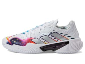 adidas women's barricade tennis shoe, white/silver metallic/bright cyan, 8