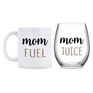 gtmileo mom fuel ceramic coffe mug 11oz & mom juice wine glass 15oz set of 2 - funny mother's day gift set for mom mommy mama wife, ideal birthday christmas gift from daughter, son, husband, friends