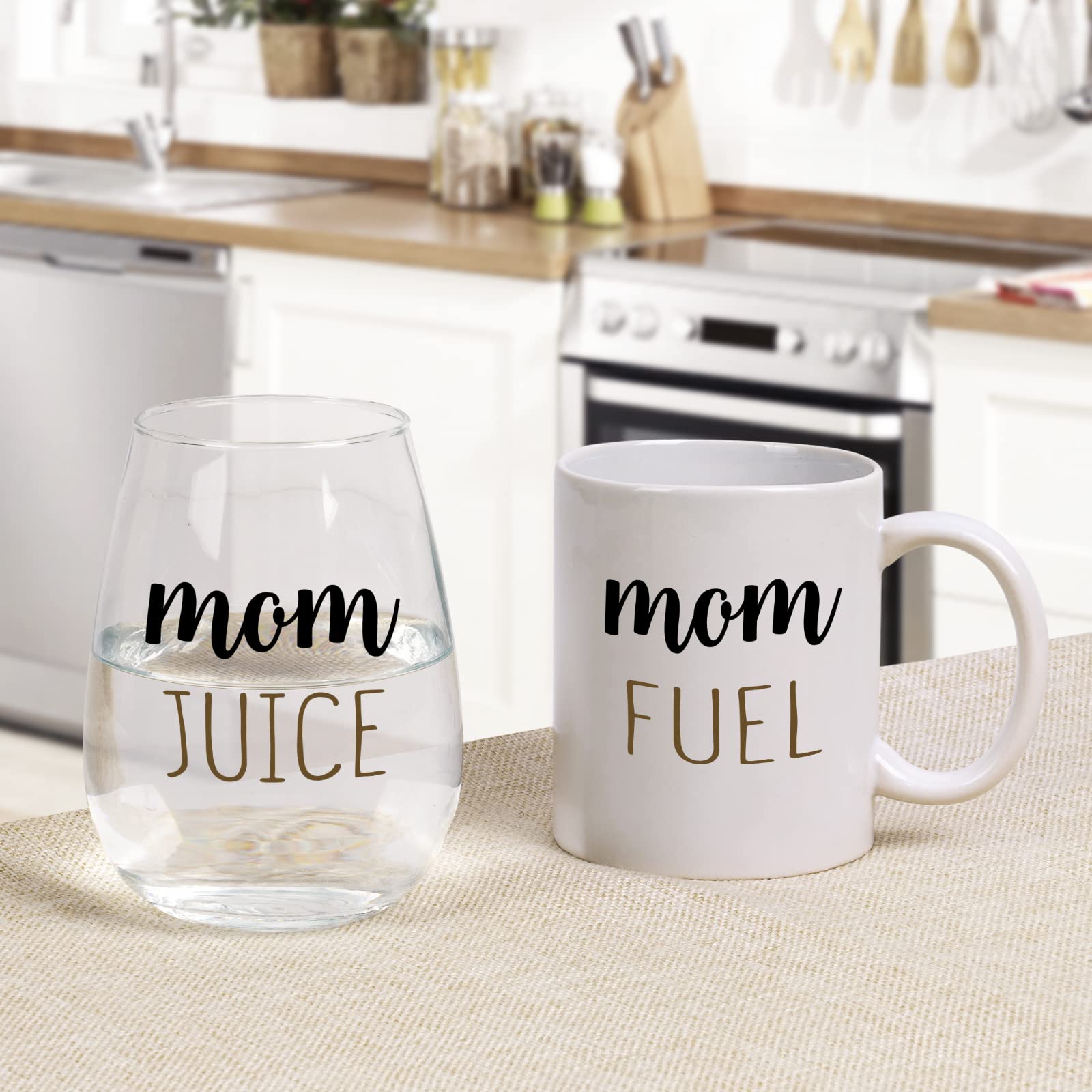 Gtmileo Mom Fuel Ceramic Coffe Mug 11Oz & Mom Juice Wine Glass 15Oz Set of 2 - Funny Mother's Day Gift Set for Mom Mommy Mama Wife, Ideal Birthday Christmas Gift from Daughter, Son, Husband, Friends