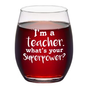 gtmileo teacher gift - funny i'm a teacher what's your superpower stemless wine glass, teacher's day gift for teacher, tutor, professor, appreciation gift, thanks gift for birthday, christmas, 15oz