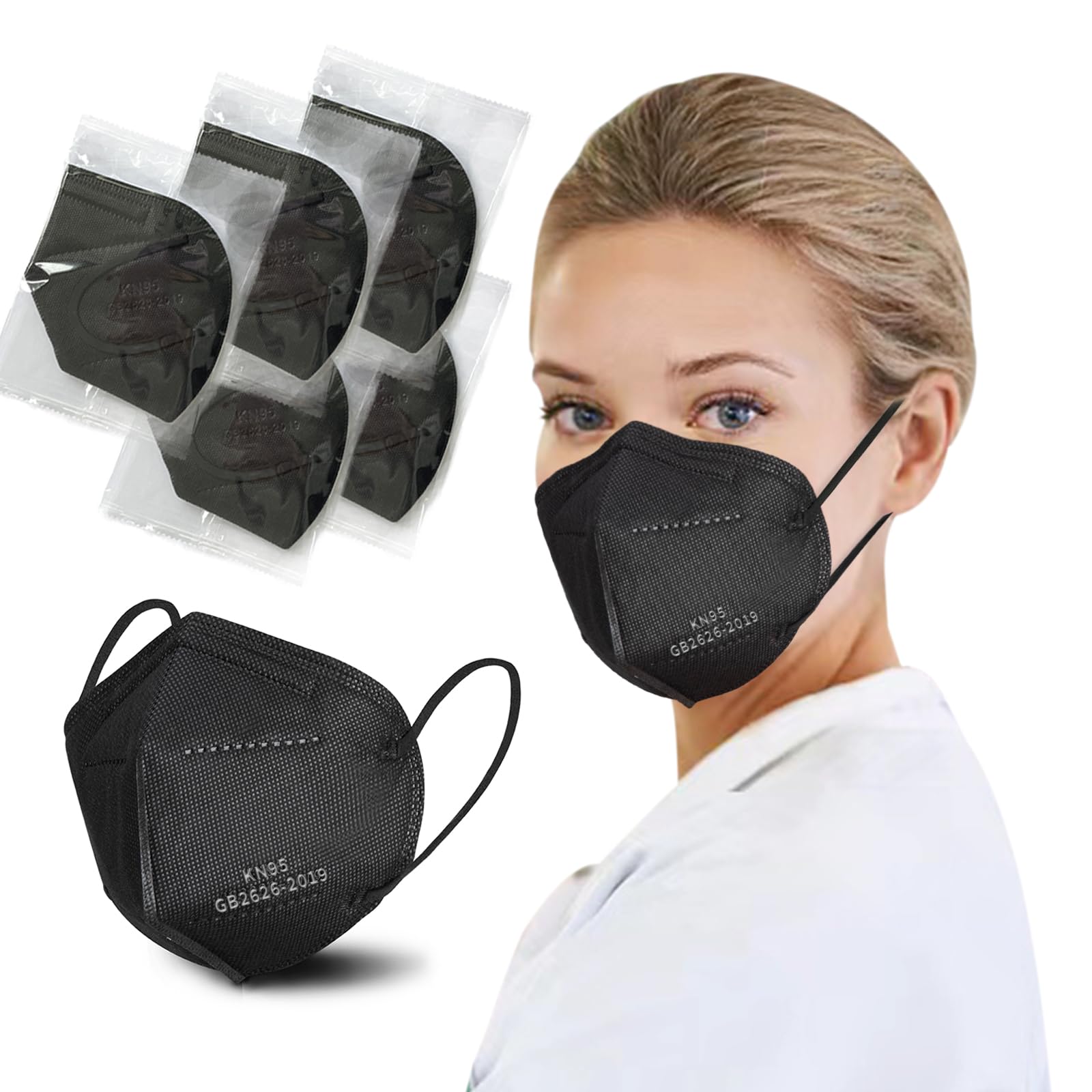 Borje KN95 Face Masks 50 Pcs, Individually Wrapped, 5-Ply Protection Black KN95 Mask, Disposable Face Masks for Adults