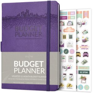 skyline budget planner – undated monthly budgeting book & money expense tracker – financial notebook to track personal & household finances – simple budget journal – a5 size, hardcover (purple)