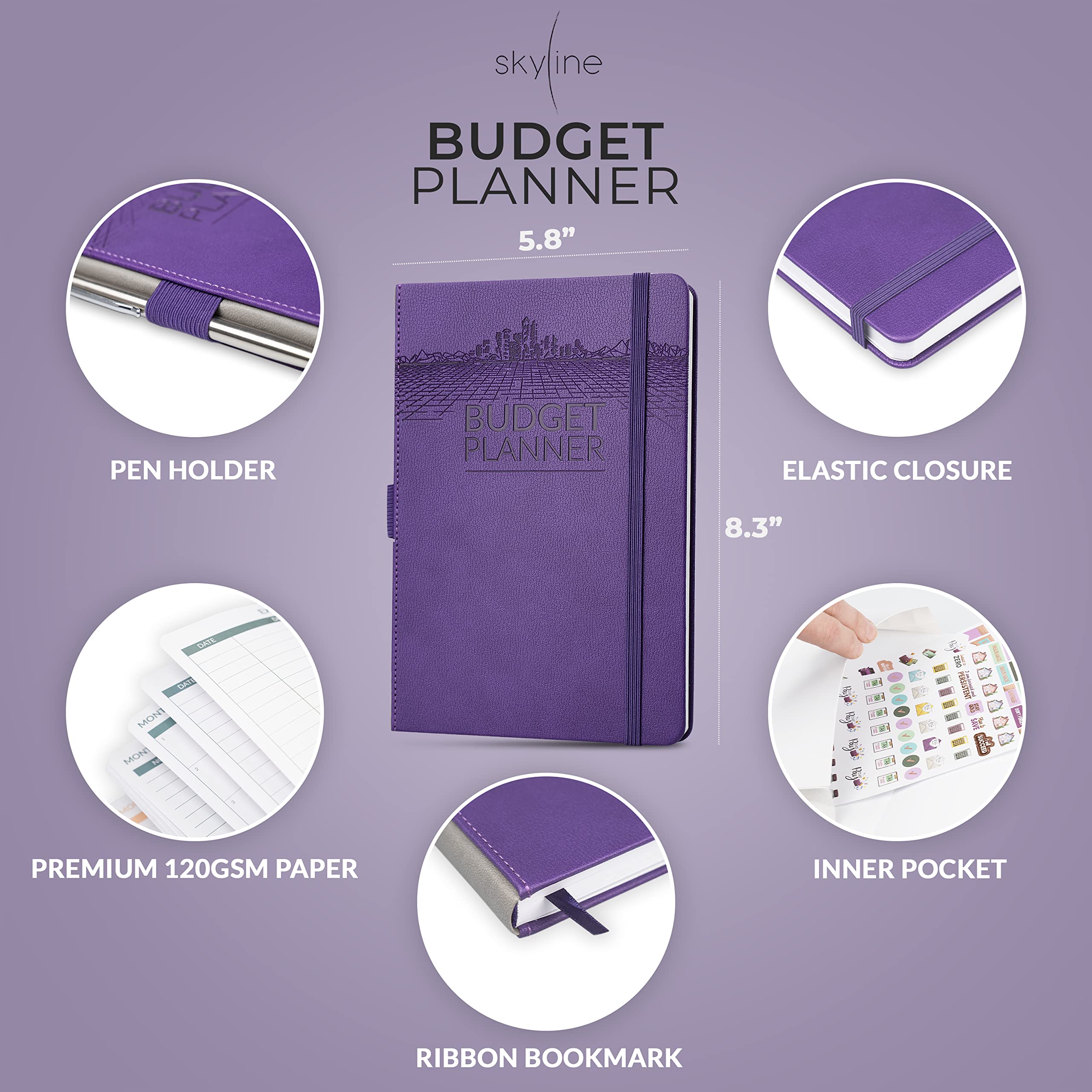 Skyline Budget Planner – Undated Monthly Budgeting Book & Money Expense Tracker – Financial Notebook to Track Personal & Household Finances – Simple Budget Journal – A5 Size, Hardcover (Purple)