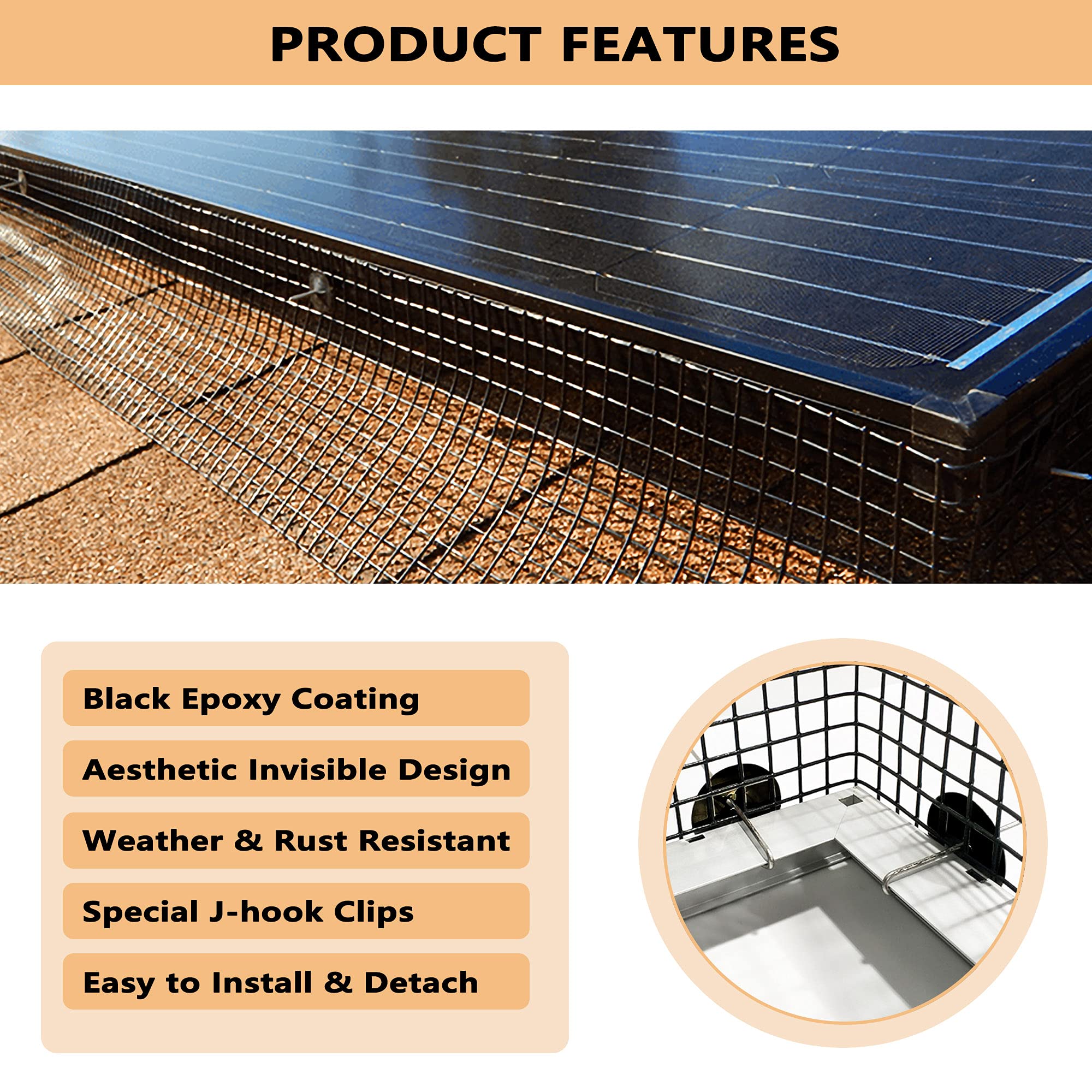 Prolee 100FT Solar Panel Bird/Critter Guard Anti-Rust with 100 Fastener Clips Rooftop Solar Panel Bird Wire Screen, Removable Without Damage (6 Inch x 100 Feet)