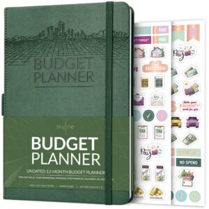 skyline budget planner – undated monthly budgeting book & money expense tracker – financial notebook to track personal & household finances – simple budget journal – a5 size, hardcover (dark green)