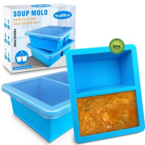 extra-large silicone freezing tray with lid, walfos 1-cup freezer tray for soup, silicone soup freezer container for storing and freezing soup, broth, sauce and ice, 2 pack