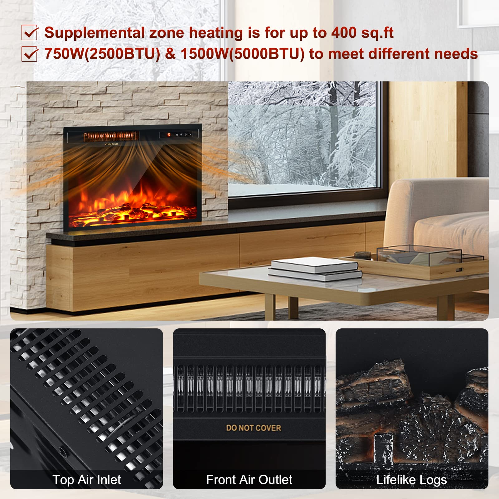 GOFLAME 18" Recessed Electric Fireplace, 1500W Insert Heater with Touch Screen, Remote Control & 9H Timer, Freestanding/Embedded Fireplace with 5-Level Flame Brightness and Overheat Protection