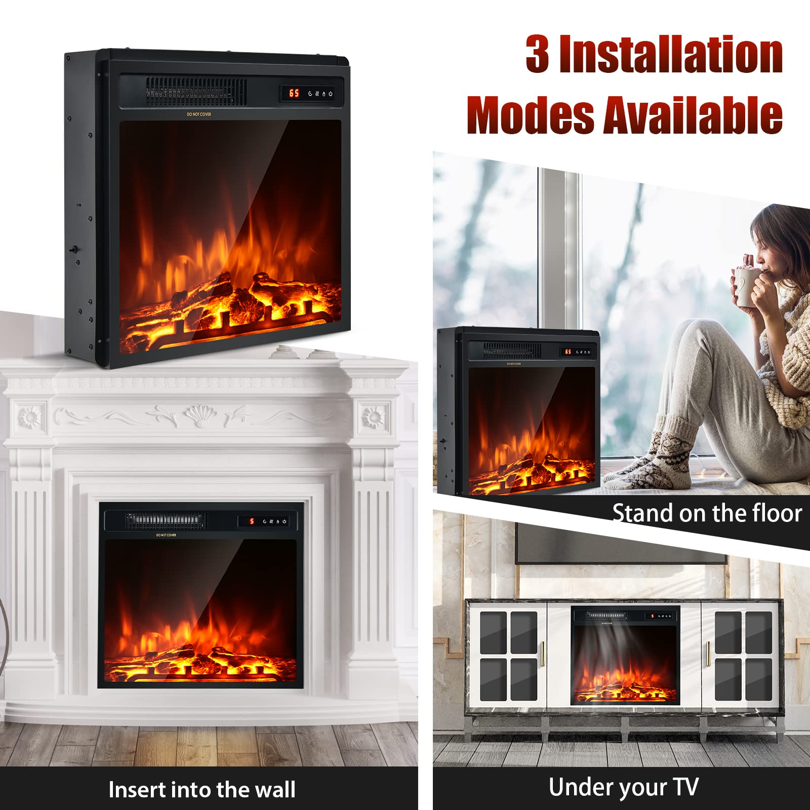 GOFLAME 18" Recessed Electric Fireplace, 1500W Insert Heater with Touch Screen, Remote Control & 9H Timer, Freestanding/Embedded Fireplace with 5-Level Flame Brightness and Overheat Protection