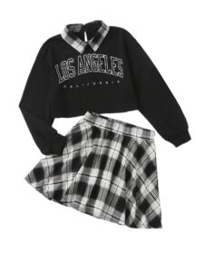 soly hux girl's letter print sweatshirt top and plaid skirt set 2 piece outfits black white 11-12y