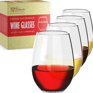 barware 4 pcs stemless plastic wine glasses - reusable dishwasher safe bpa-free - 16oz outdoor clear tritan shatterproof drinking glasses for cocktails, whiskey - travel cups for halloween party