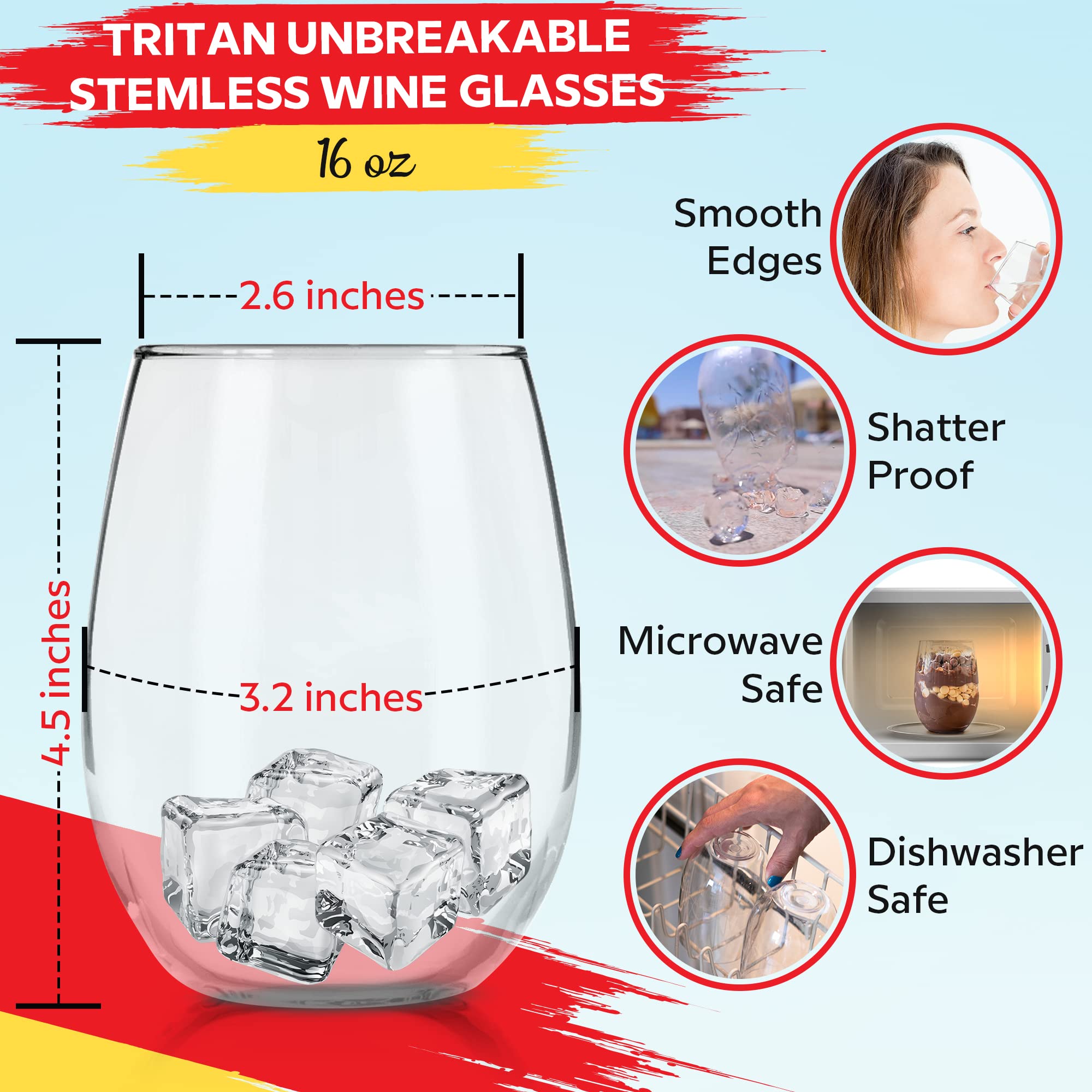 Barware 4 PCs Stemless Plastic Wine Glasses - Reusable Dishwasher Safe BPA-Free - 16oz Outdoor Clear Tritan Shatterproof Drinking Glasses for Cocktails, Whiskey - Travel Cups For Halloween party