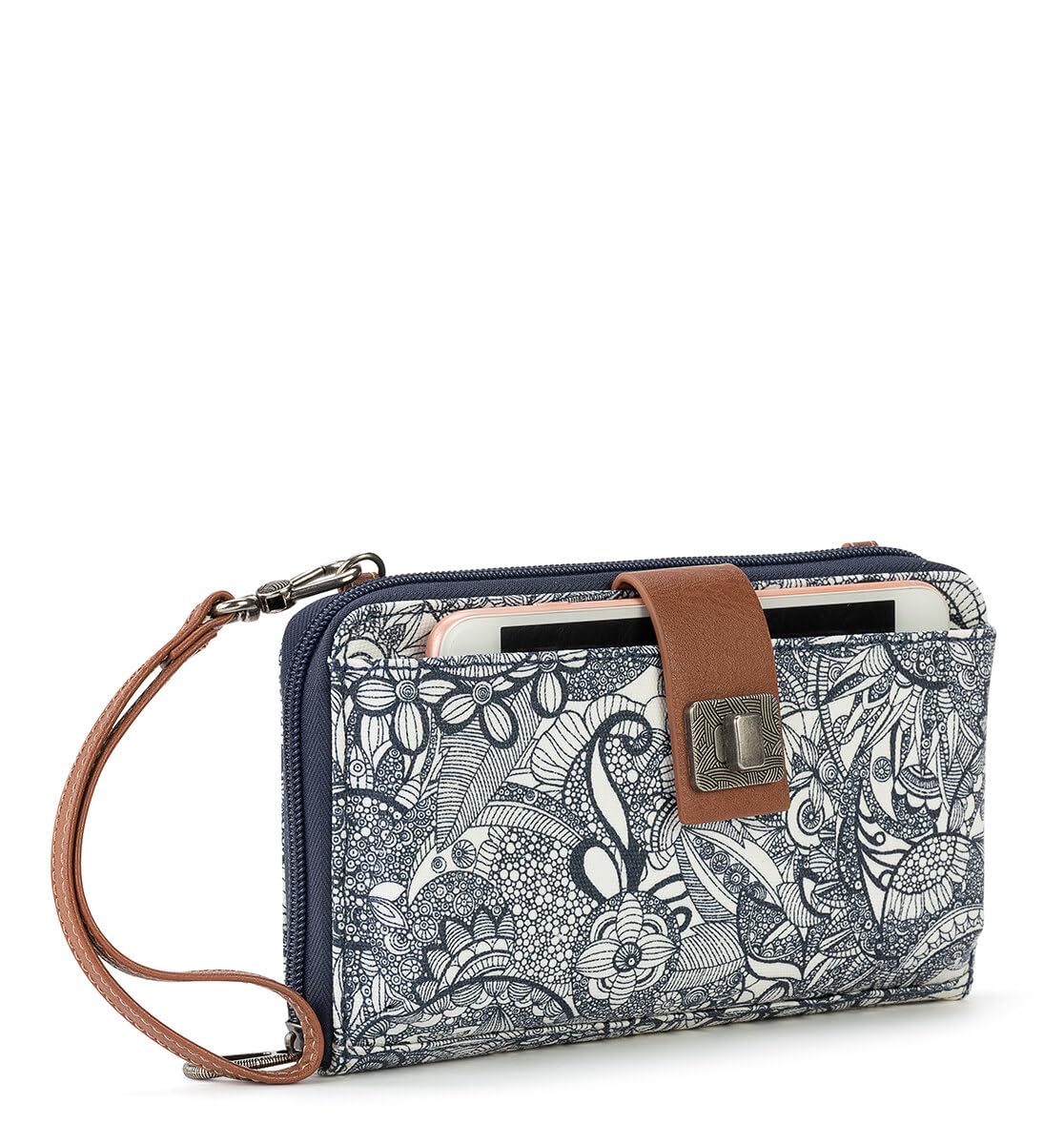 Sakroots Artist Circle Smartphone Crossbody in Coated Canvas, Detachable Wristlet Strap, Navy Spirit Desert II