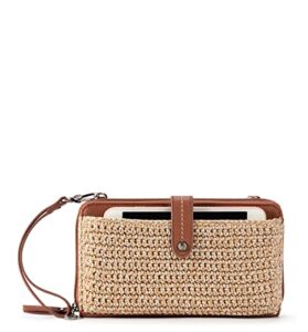 the sak iris large smartphone crossbody bag in crochet and faux leather, convertible wristlet purse design, bamboo static