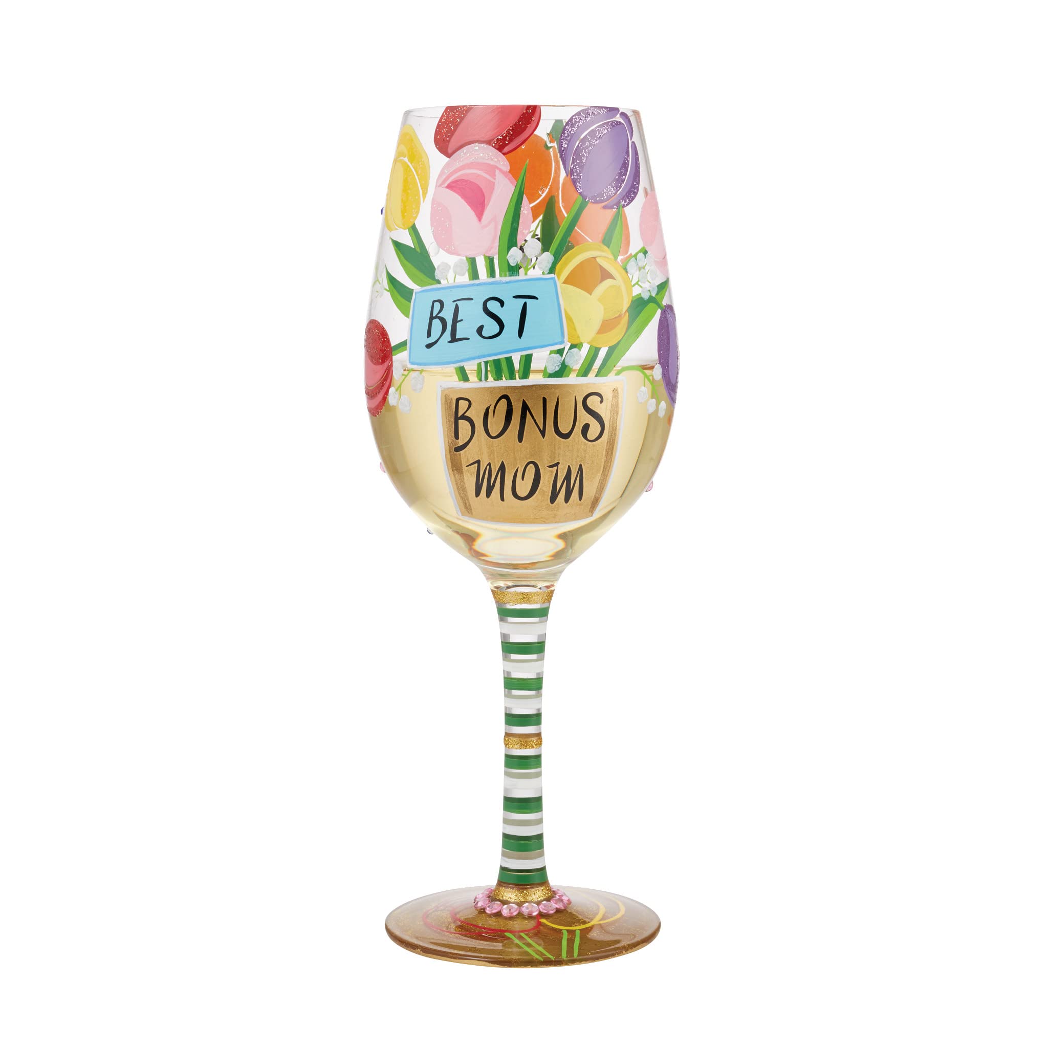 Enesco Designs by Lolita Best Bonus Mom Hand-Painted Artisan Wine Glass, 15 Ounce, Multicolor