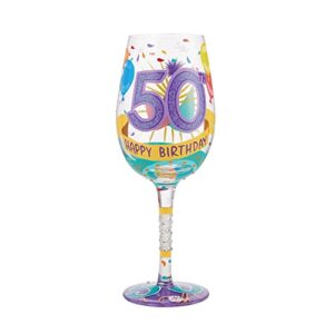 enesco designs by lolita happy 50th birthday hand-painted artisan wine glass, 1 count (pack of 1), multicolor