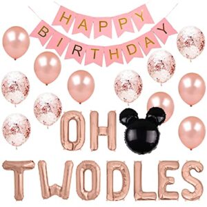 oh twodles birthday balloons, oh twodles balloon birthday banner mickey mouse party supplies number 2 balloon for 2nd second boy michkey mouse birthday party decoration 12pcs kit of geloar (rose gold)