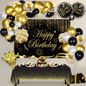 black and gold birthday party decorations set, black and gold backdrop banner, 65 pieces gold black latex balloon arch garland kit, happy birthday foil balloons, birthday party supplies