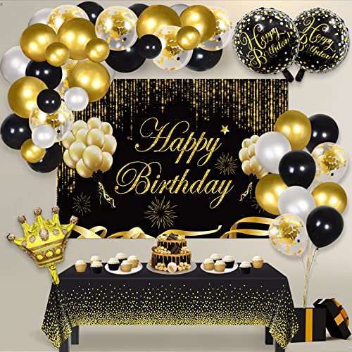 Black and Gold Birthday Party Decorations Set, Black and Gold Backdrop Banner, 65 Pieces Gold Black Latex Balloon Arch Garland Kit, Happy Birthday Foil Balloons, Birthday Party Supplies