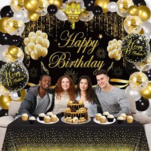 Black and Gold Birthday Party Decorations Set, Black and Gold Backdrop Banner, 65 Pieces Gold Black Latex Balloon Arch Garland Kit, Happy Birthday Foil Balloons, Birthday Party Supplies