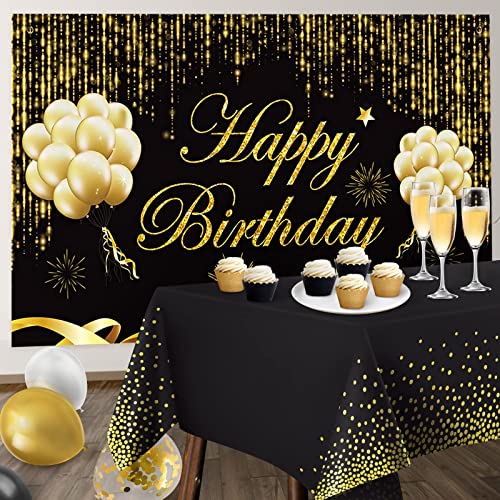 Black and Gold Birthday Party Decorations Set, Black and Gold Backdrop Banner, 65 Pieces Gold Black Latex Balloon Arch Garland Kit, Happy Birthday Foil Balloons, Birthday Party Supplies