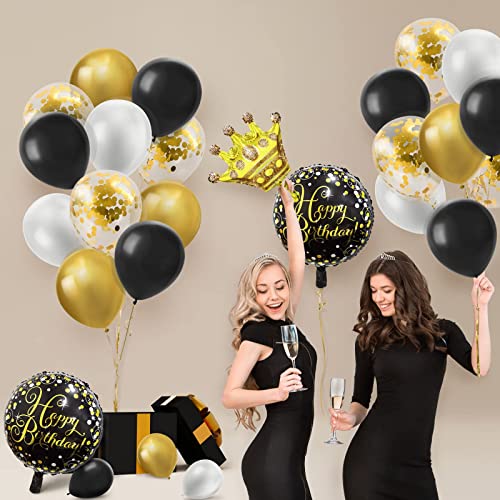 Black and Gold Birthday Party Decorations Set, Black and Gold Backdrop Banner, 65 Pieces Gold Black Latex Balloon Arch Garland Kit, Happy Birthday Foil Balloons, Birthday Party Supplies