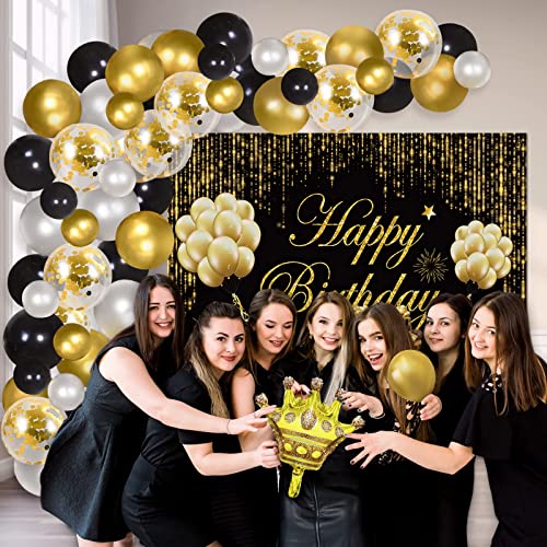 Black and Gold Birthday Party Decorations Set, Black and Gold Backdrop Banner, 65 Pieces Gold Black Latex Balloon Arch Garland Kit, Happy Birthday Foil Balloons, Birthday Party Supplies