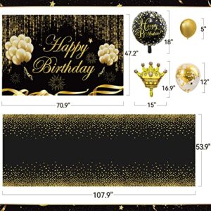 Black and Gold Birthday Party Decorations Set, Black and Gold Backdrop Banner, 65 Pieces Gold Black Latex Balloon Arch Garland Kit, Happy Birthday Foil Balloons, Birthday Party Supplies