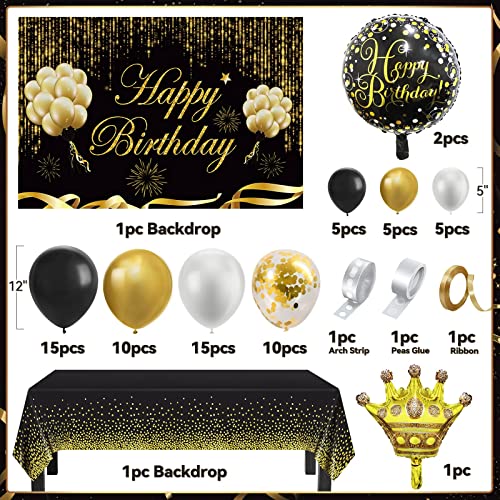 Black and Gold Birthday Party Decorations Set, Black and Gold Backdrop Banner, 65 Pieces Gold Black Latex Balloon Arch Garland Kit, Happy Birthday Foil Balloons, Birthday Party Supplies