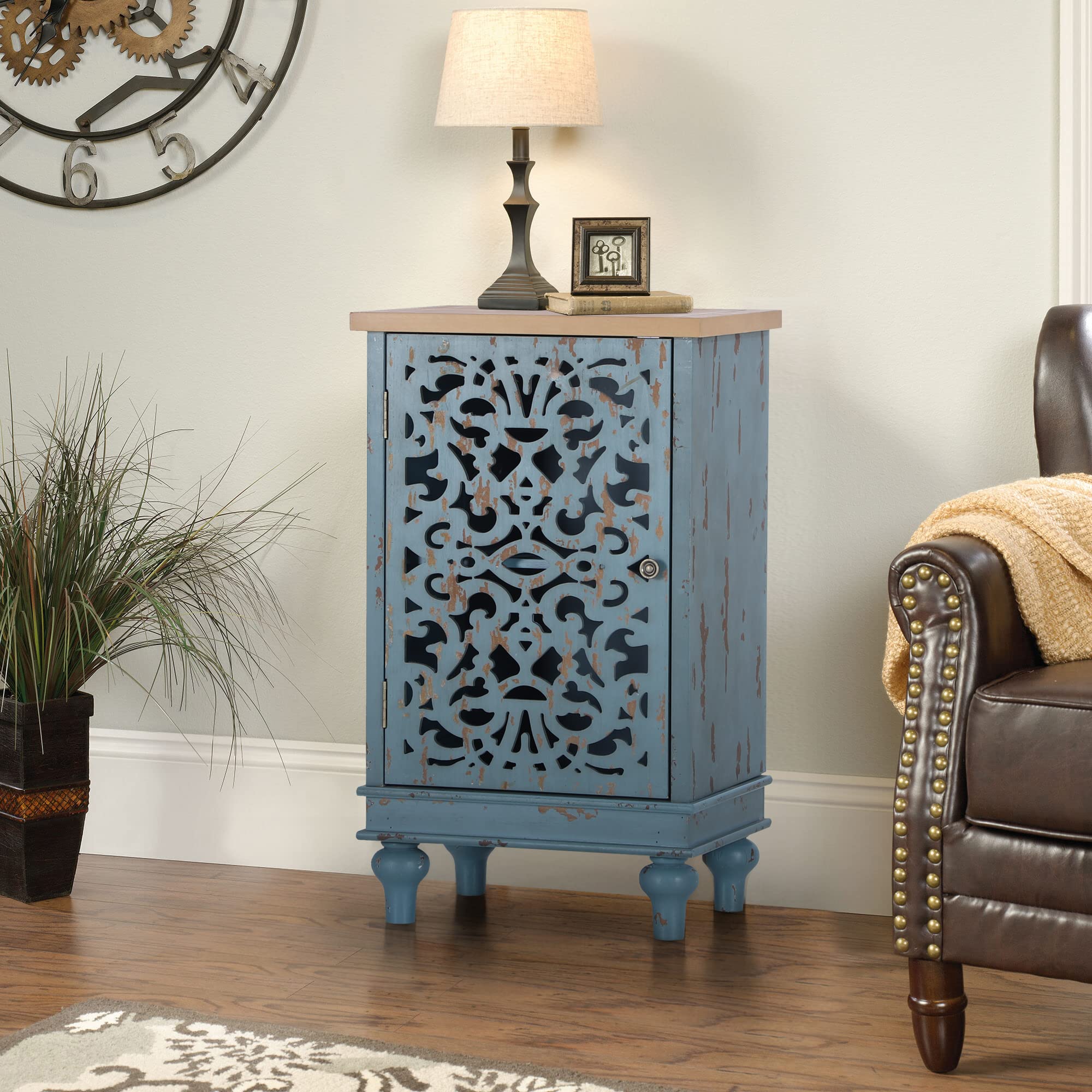 Sophia & William Accent Cabinet Small with Single Door, 31.5" Tall Side End Table, Distressed Nightstand with Wooden Frame and Hollow Carved Door, Blue, 1-Door