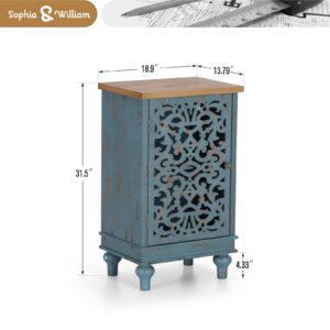 Sophia & William Accent Cabinet Small with Single Door, 31.5" Tall Side End Table, Distressed Nightstand with Wooden Frame and Hollow Carved Door, Blue, 1-Door