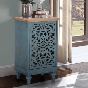 Sophia & William Accent Cabinet Small with Single Door, 31.5" Tall Side End Table, Distressed Nightstand with Wooden Frame and Hollow Carved Door, Blue, 1-Door