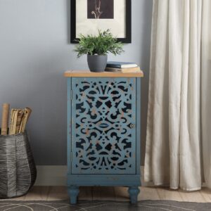 Sophia & William Accent Cabinet Small with Single Door, 31.5" Tall Side End Table, Distressed Nightstand with Wooden Frame and Hollow Carved Door, Blue, 1-Door