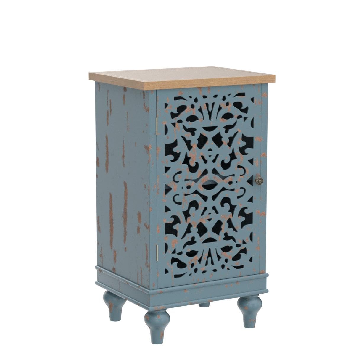 Sophia & William Accent Cabinet Small with Single Door, 31.5" Tall Side End Table, Distressed Nightstand with Wooden Frame and Hollow Carved Door, Blue, 1-Door
