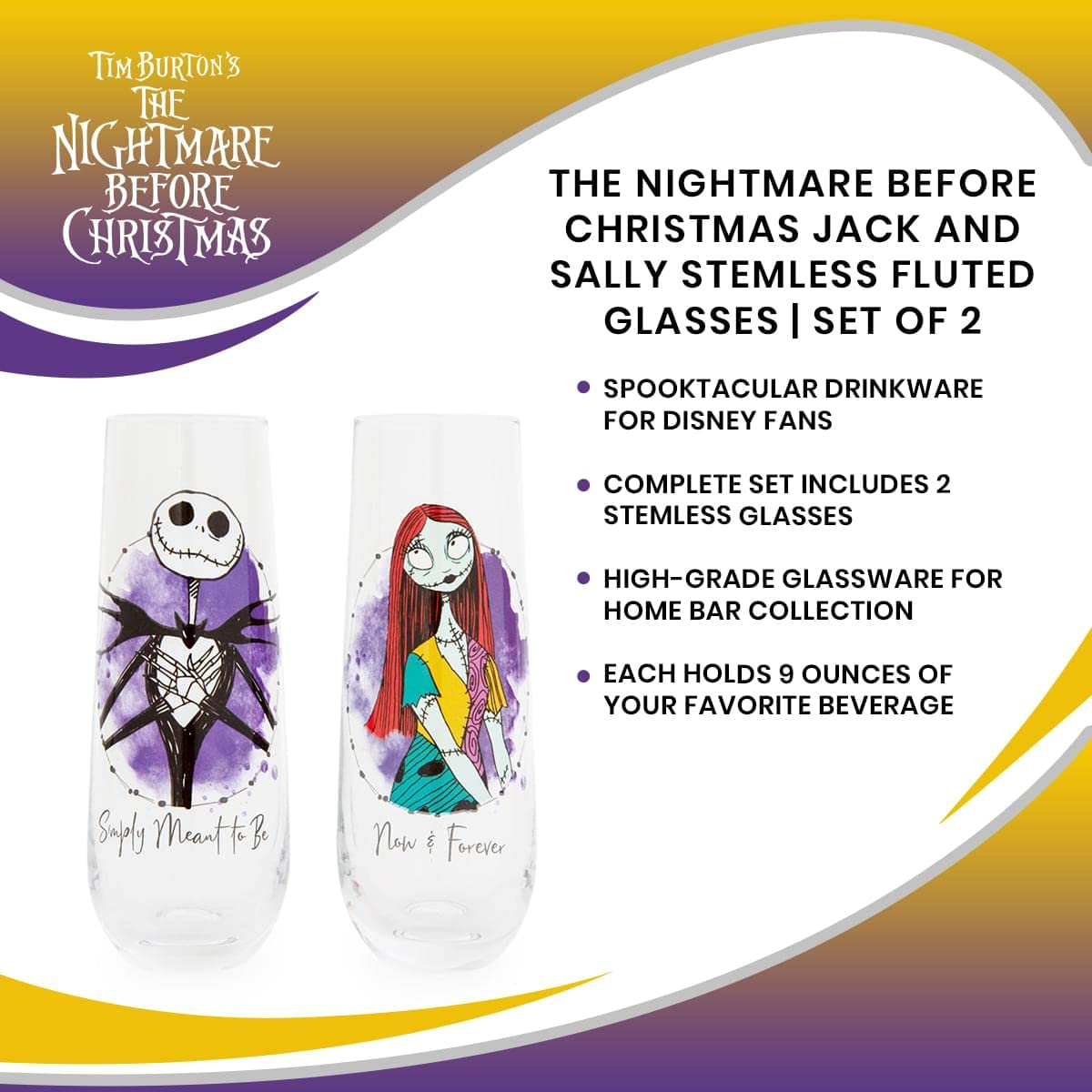 Silver Buffalo The Nightmare Before Christmas Jack and Sally Stemless Fluted Glasses | Set of 2